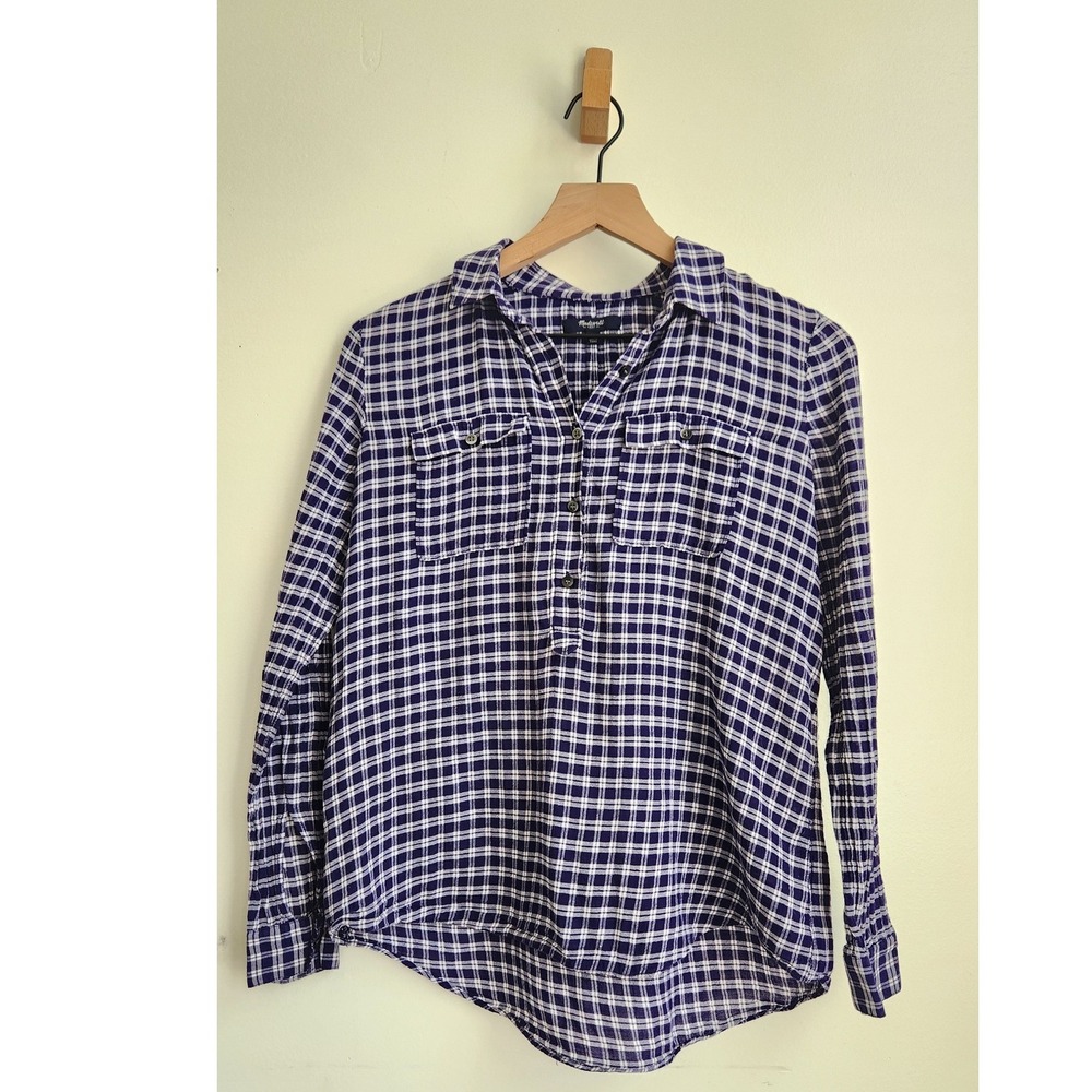 Madewell Popover Shirt Womens XS Blue Flannel Plaid Pockets Preppy Gorpcore
